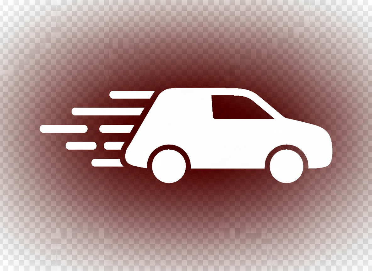 A minimalist white silhouette icon of a speeding car driving fast to the right, with motion lines behind it suggesting speed. Transparent background. Clean, simple, flat icon style. White only on transparent background, suitable for use on a dark red background.